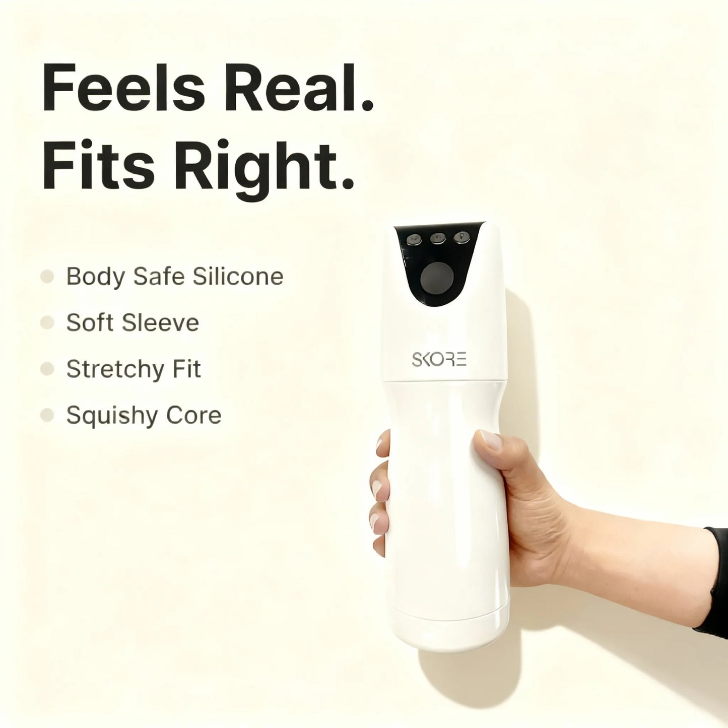 Skore Rocker features: Body Safe Silicone, Soft Sleeve, Stretchy Fit, and Squishy Core.