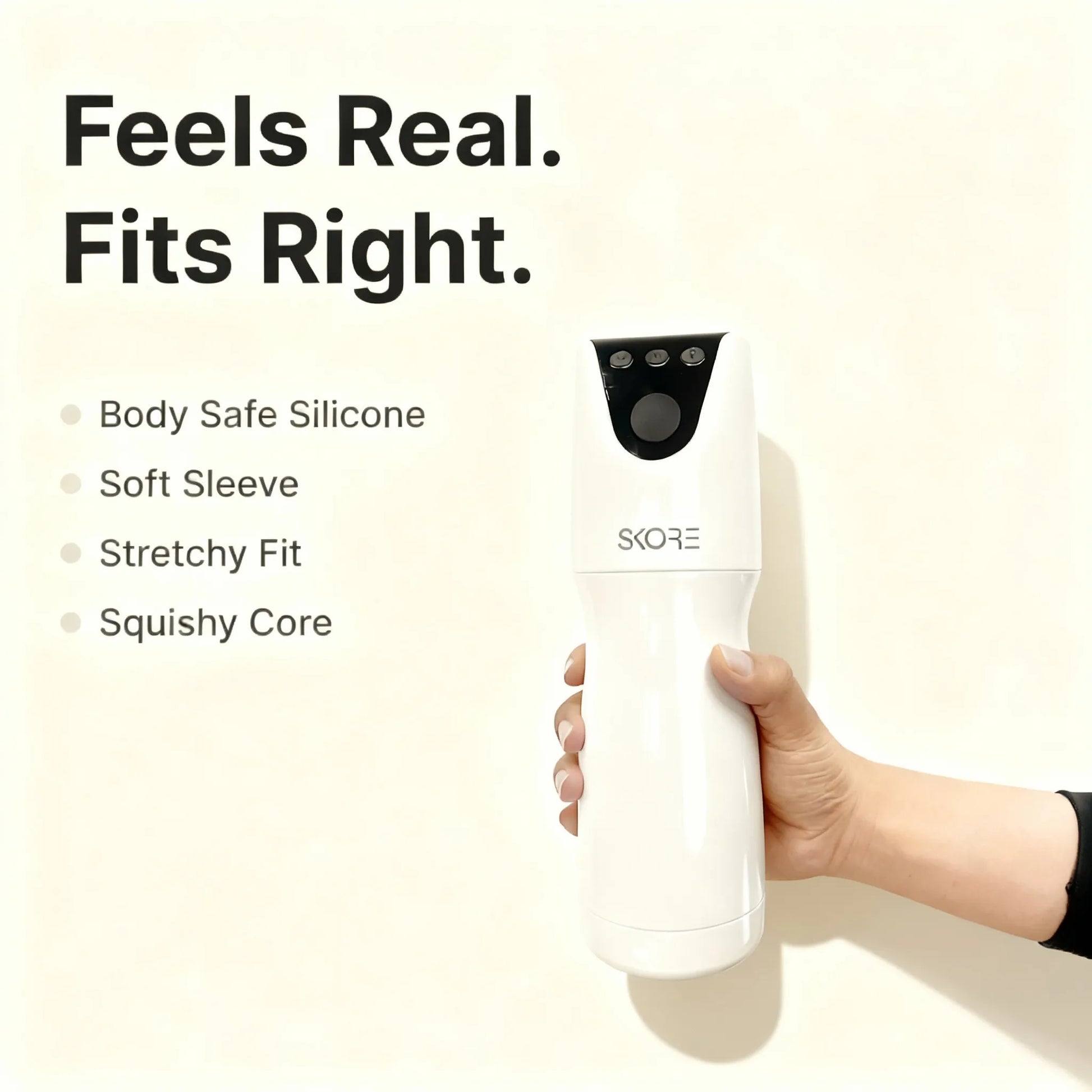 Skore Rocker features: Body Safe Silicone, Soft Sleeve, Stretchy Fit, and Squishy Core.